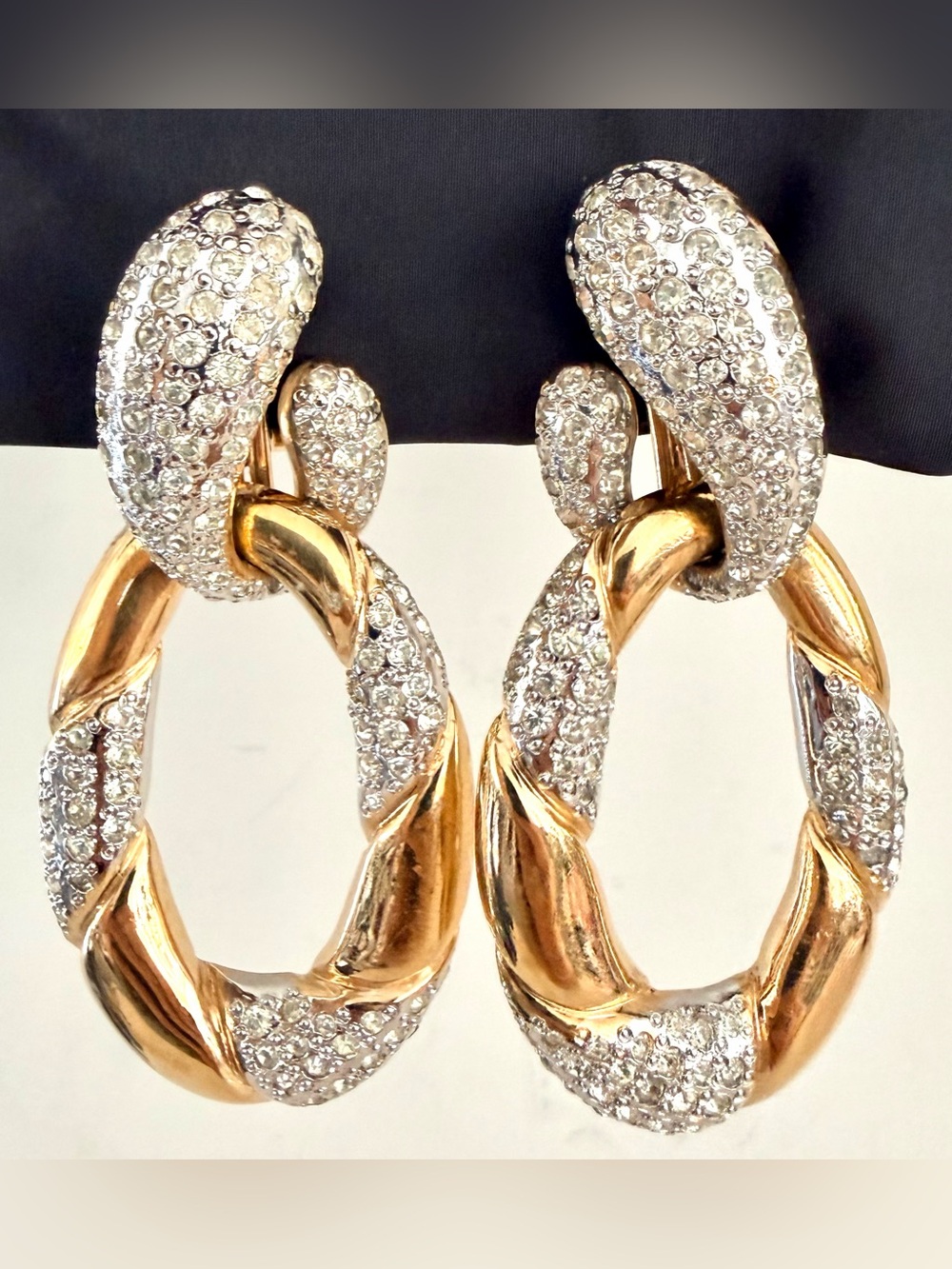 VALENTINO Vintage Oversized Rhinestone Chain Link Clip-On Earrings